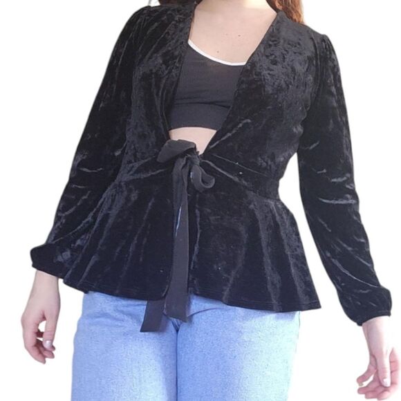 Witchy Black Velvet Jacket Peplum S Velour Blazer Goth Whimsigoth Fairy Stretch. - Picture 7 of 16